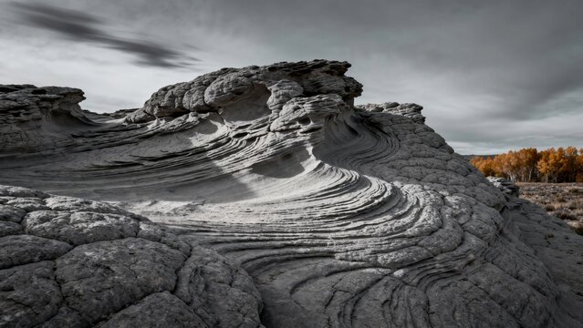 Eroded sandstone formations with wave-like patterns under a cloudy sky in a desert landscape - Powered by Adobe