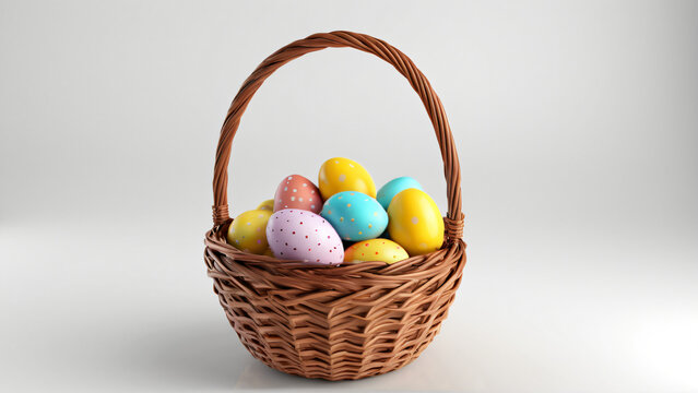 Geflochtener Osterkorb gef&uuml;llt mit bunten Eiern auf wei&szlig;em Hintergrund