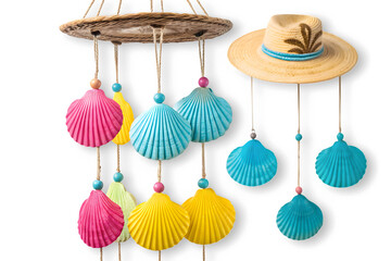 Brightly colored seashell and straw hat beach-themed mobile hanging decoration isolated on transparent background