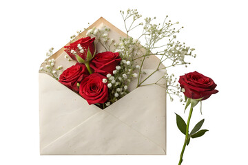 A romantic gesture with red roses emerging from a classic vintage paper envelope isolated on transparent background