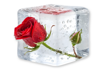 A vibrant red rose and bud frozen inside a clear block of ice against on transparent background