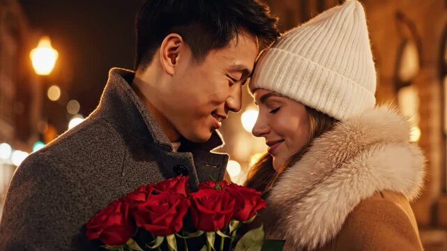 Couple embracing on a romantic winter evening stroll