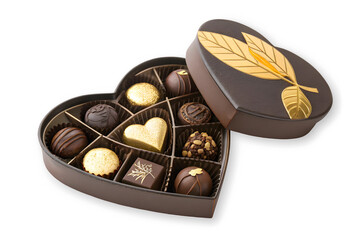 A heart-shaped box filled with luxurious assorted chocolates and a prominent golden heart isolated on transparent background