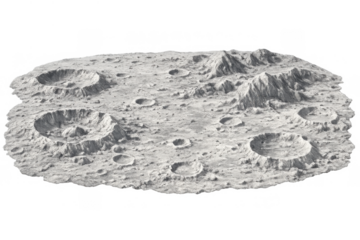Moon landscape presenting deep craters and rocky terrain, representing space exploration and celestial bodies. Transparent background