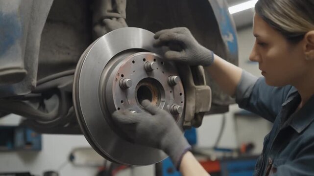 Young female mechanic inspects car brake disc and caliper in an auto repair workshop.