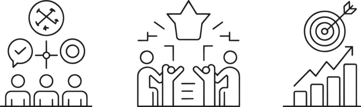 Collection of outline icons depicts business strategy, team success, goal achievement, and financial growth metrics for corporate presentations.