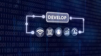 Software development concept animation with glowing digital icons and binary code background for technology business footage - Powered by Adobe