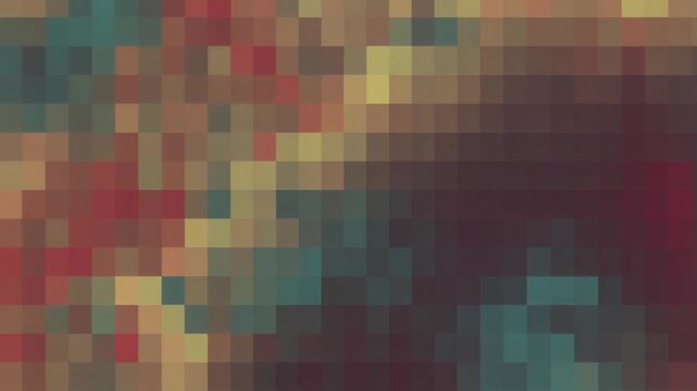 Abstract Digital Pixelated Background Loop. Seamless Retro 8-Bit Mosaic Texture with Colorful Red, Teal, and Gold Squares, Perfect for Motion Graphics and Tech Concepts.