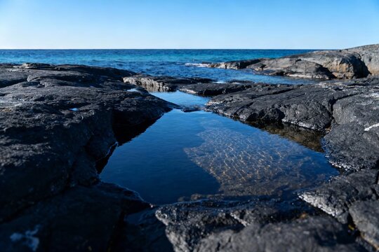 Rocky shoreline with tide pools reflecting the sky and ocean under clear blue weather - Powered by Adobe
