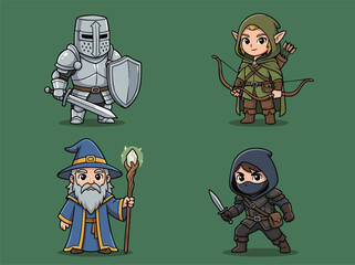 Chibi Fantasy Characters Set Knight Archer Wizard Rogue.