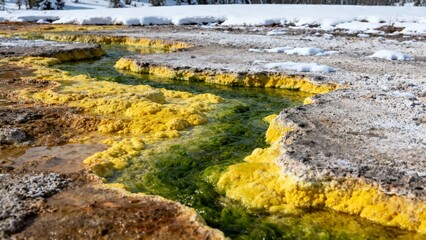 Colorful mineral deposits and flowing water in a geothermal area with snow-covered surroundings