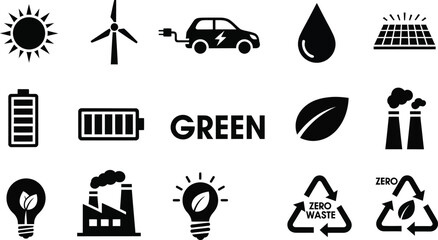 Comprehensive vector collection of flat design green energy icons featuring solar panels, wind turbines, recycling symbols, and electric transportation for environmental