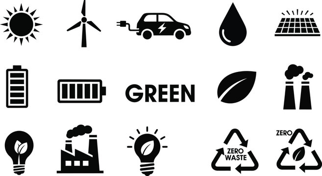 Comprehensive vector collection of flat design green energy icons featuring solar panels, wind turbines, recycling symbols, and electric transportation for environmental - Powered by Adobe