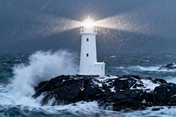 Lighthouse glowing in stormy weather with waves crashing against rocks