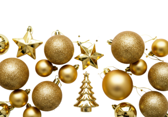 Overhead flat lay of highly detailed luxurious gold christmas ornaments, including glitter balls and geometric stars, clustered on a transparent background with ample negative copy space. concept of