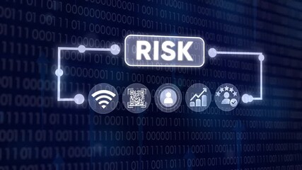 Digital concept illustrating risk management process with security and finance icons in binary code background - Powered by Adobe