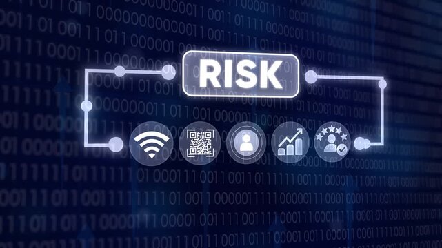Digital concept illustrating risk management process with security and finance icons in binary code background
