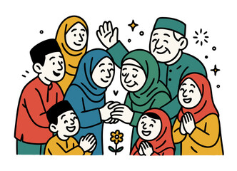 Muslim Family Forgiving Each Other During Eid Mubarak Celebration Illustration