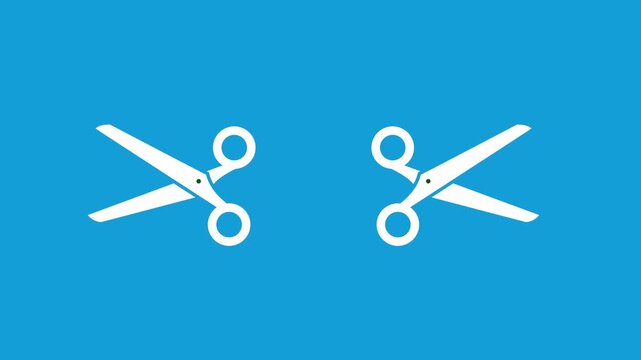 Pair of animated white scissors opening and closing in a repeating motion on a vibrant blue background, creating a clean graphic cut