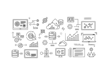Conceptual business data analysis process vector illustration with circular analytics icons