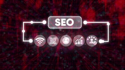 Digital flowchart showing seo concept with glowing icons on dark abstract background - Powered by Adobe