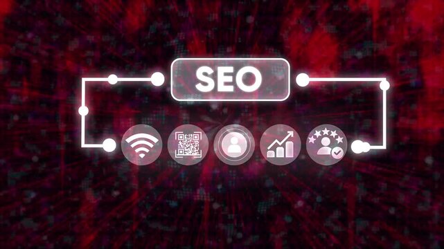 Digital flowchart showing seo concept with glowing icons on dark abstract background