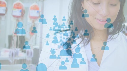 Network of profile icons floating over female scientist using digital tablet at laboratory - Powered by Adobe