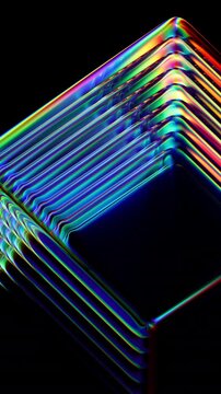 Rotating futuristic ribbed glass cube with light refraction and dispersion. Abstract translucent geometry in motion for innovation, digital art and modern visual. Seamless looped 4K video. 3d render