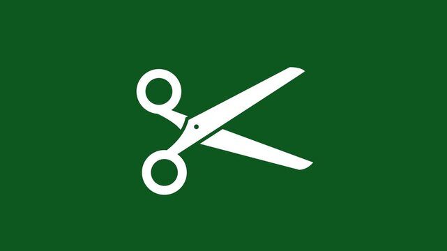 Minimalist white scissors icon animation on solid green background with sharp cutting motion and seamless looping clip
