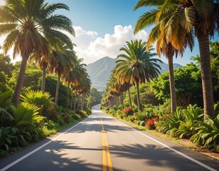 Sunny road flanked by lush palm trees, leading to a distant mountain