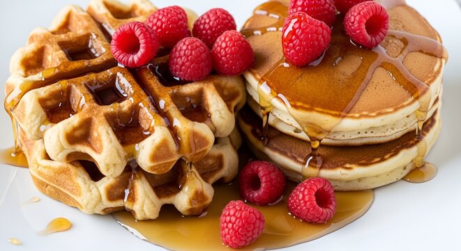 A delicious morning breakfast spread features golden waffles and a stack of fluffy pancakes