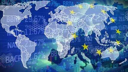 Animation of digital interface with world map and european union flag over stock market ticker - Powered by Adobe