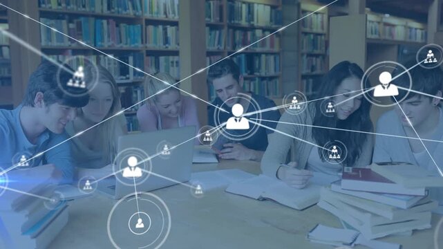 Animation of network of connections over diverse students learning in library