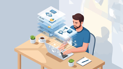 Focused Developer Working on Laptop with Data Stacks Illustration.