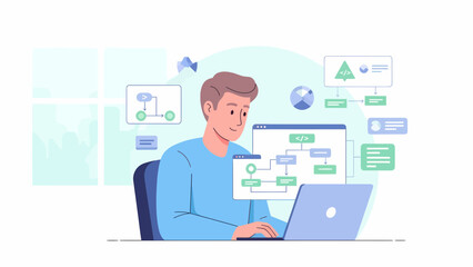 Man working on a laptop with flowcharts and diagrams.