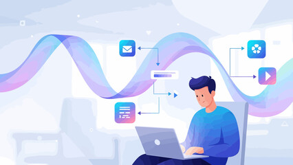 Man Working on Laptop with Abstract Data Flow Visualization.