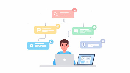 Man Working on Laptop with Flowchart Concept of Project Management.