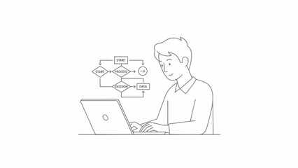 Man working on laptop with flowchart problemsolving and decisionmaking concept.