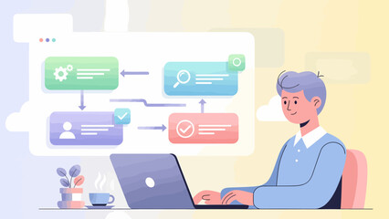 Man Working on Laptop with Workflow Diagram Illustrating Process Automation.