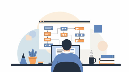 Person Analyzing a Flowchart on a Computer Screen.