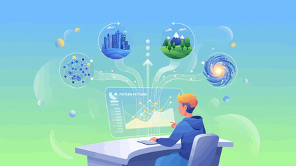 Person using computer with environmental and scientific data visualizations.