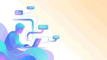 Person working on laptop with data flow visualization modern technology concept.