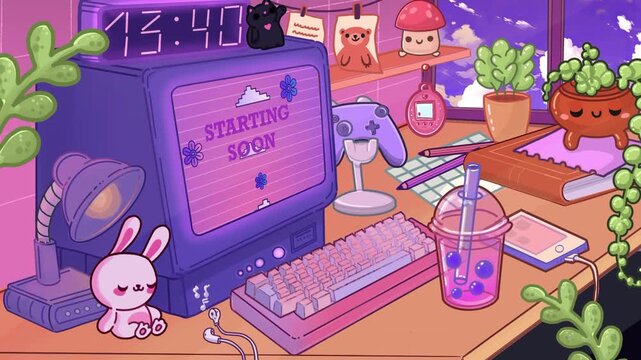 Animated Lofi Stream Background, Kawaii Gamer Desk Overlay, Animated Screen Stream, Stream Overlay, Stream Scenes, Twitch Overlay,  BRB, Starting Soon, Ending Soon, Thanks for Watching,