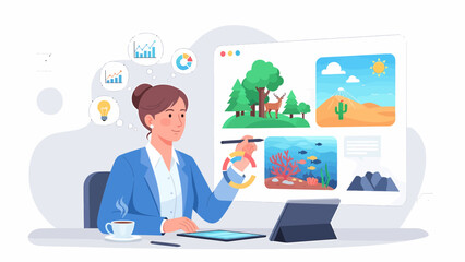 Woman Presenting Nature and Underwater Illustrations on a Digital Screen.