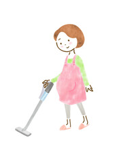 掃除機をかけているエプロン姿の妊婦さんのイラスト