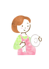 お皿を拭くエプロン姿の妊婦さんのイラスト