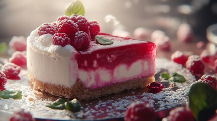 A close-up shot of a delicious raspberry cheesecake with a cream
