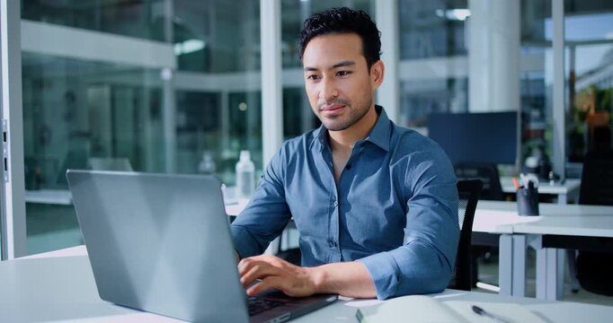 Typing, businessman and laptop in office for finance report, company audit or online research. Accountant, smile and communication with tech for performance review, management or bookkeeping at firm
