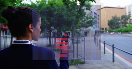 Animation of data processing over businesswoman using smartphone - Powered by Adobe