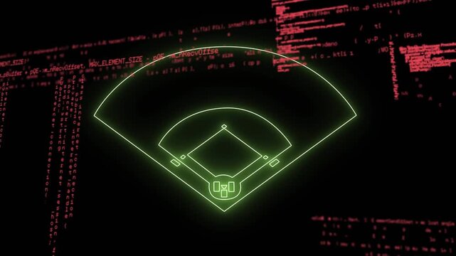 Animation of data processing over neon baseball pitch